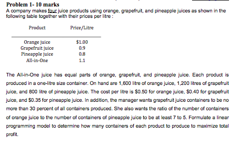 Problem 1-10 marks A company makes four juice