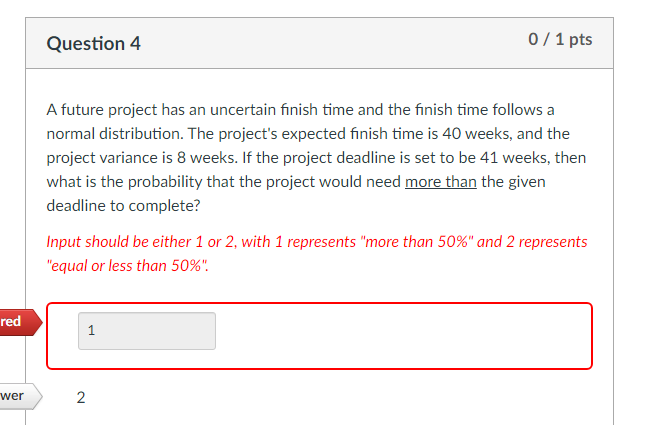 Question 4 0/1 pts A future project has an