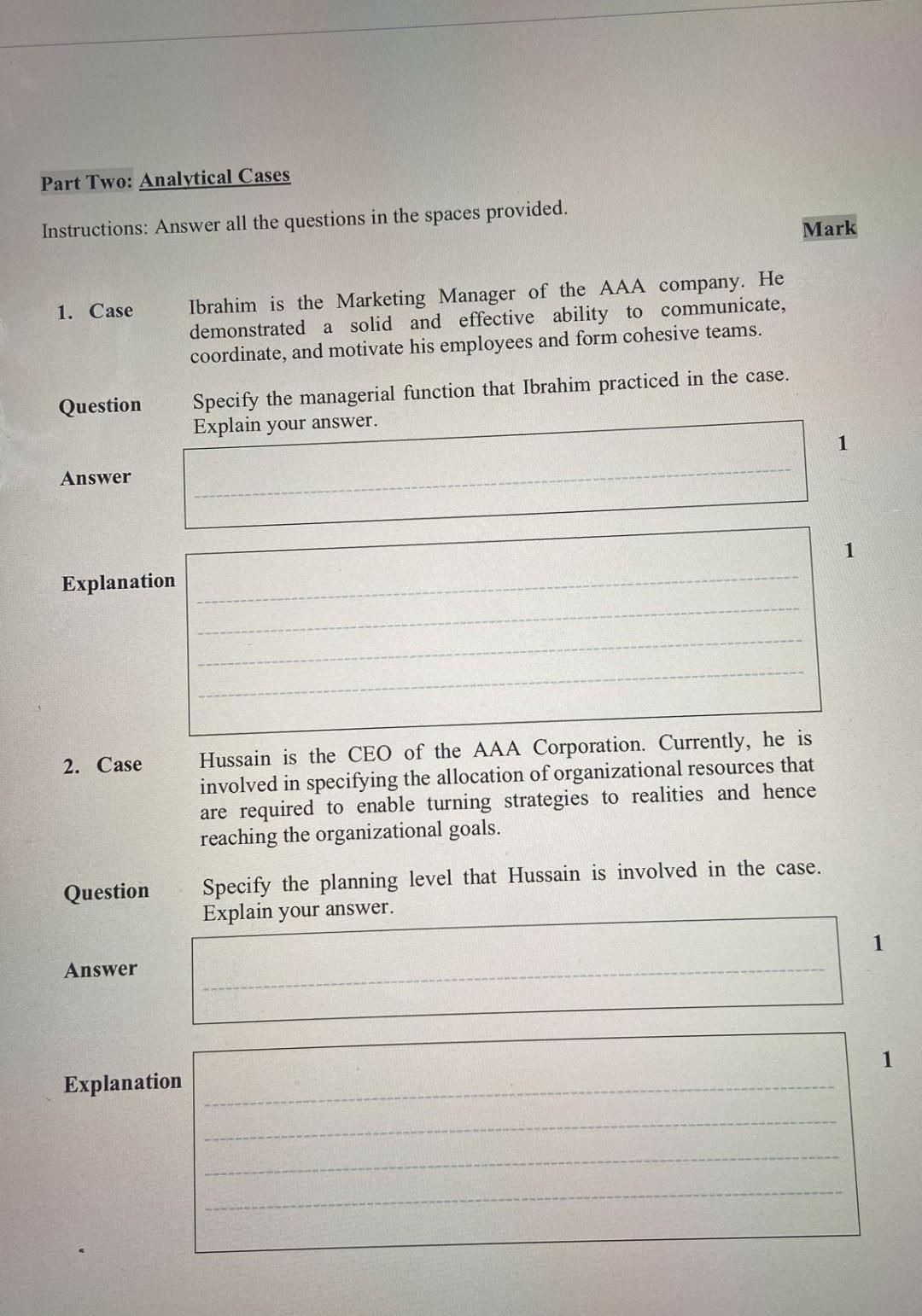 Part Two: Analytical Cases Instructions: Answer