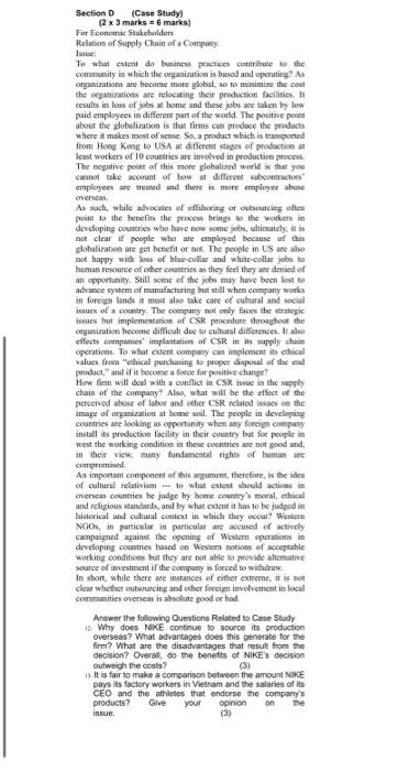 Section D (Case Study (2 x 3 marks = 6 marks) For