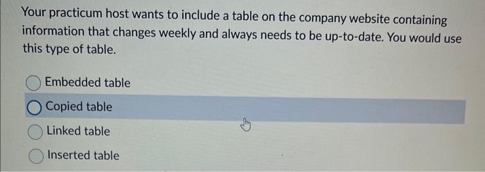 Your practicum host wants to include a table on