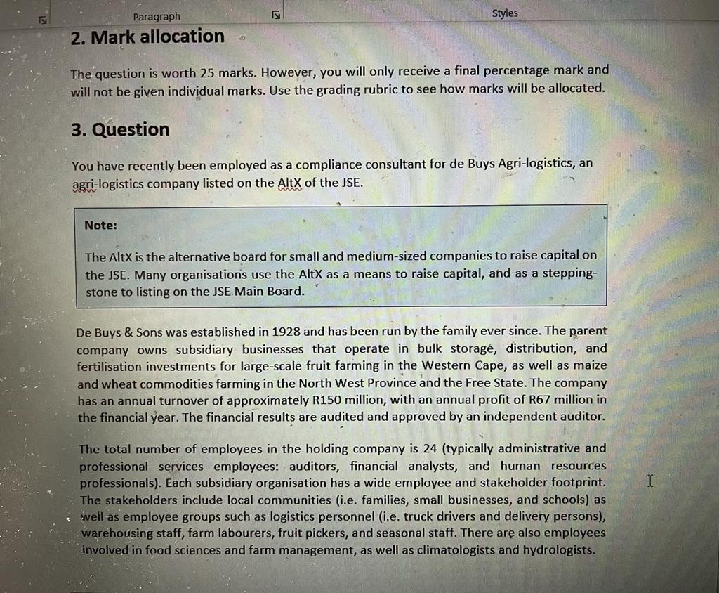2. Mark allocation The question is worth 25