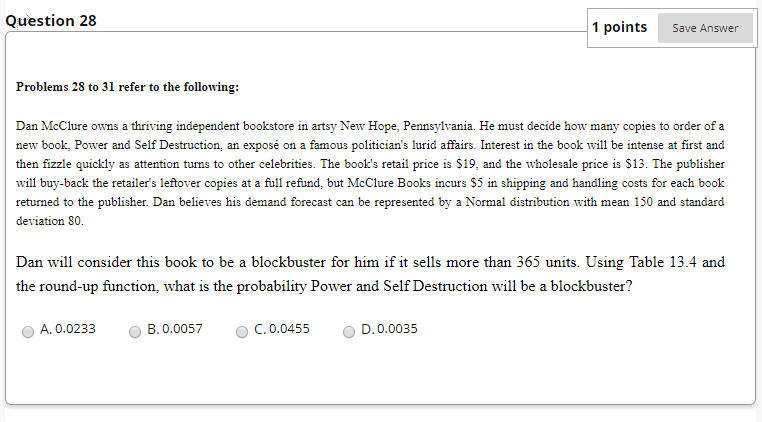 Question 28 1 points Save Answer Problems 28 to
