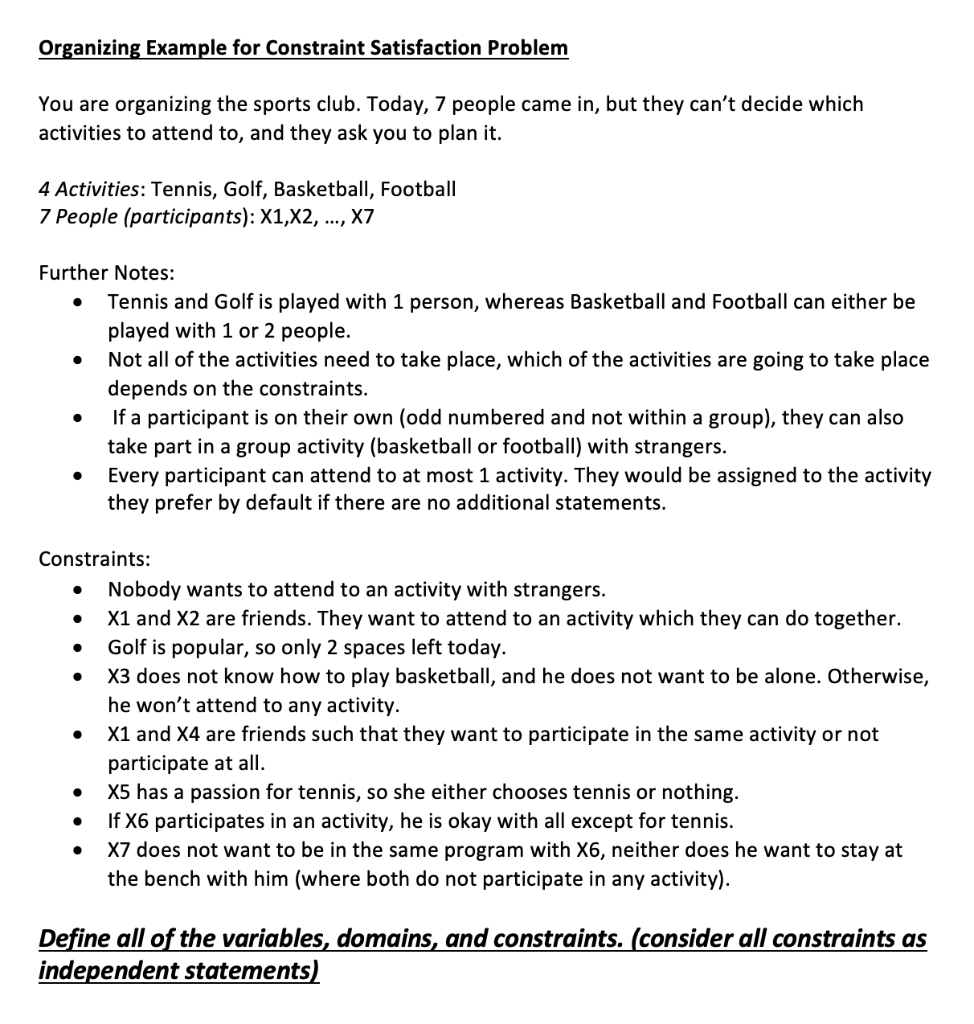 Organizing Example for Constraint Satisfaction