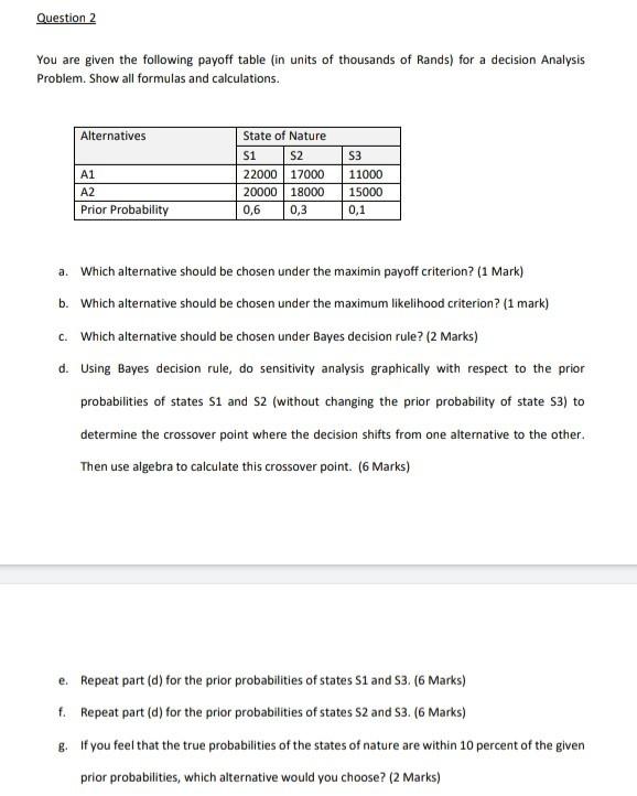 Question 2 You are given the following payoff