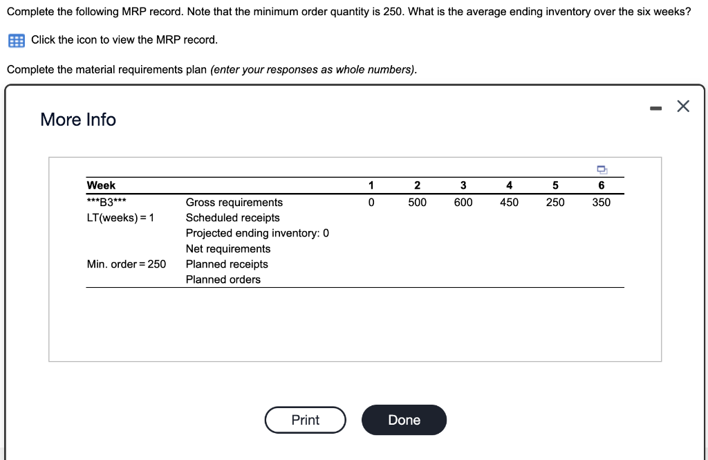 Complete the following MRP record. Note that the