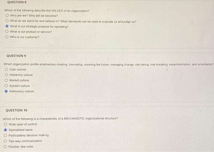 Which of the tollowing describe the VALUES of an