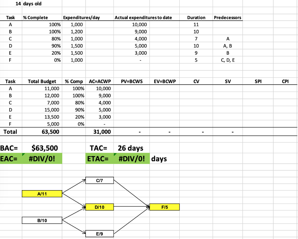 14 days old Task Actual expenditures to date