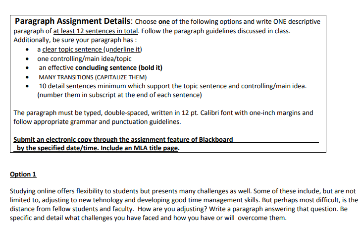 Paragraph Assignment Details: Choose one of the