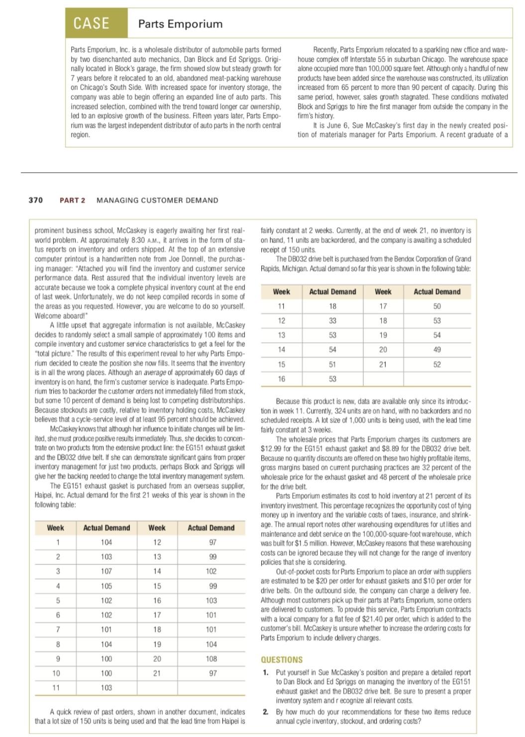 Answer the following questions for the Parts