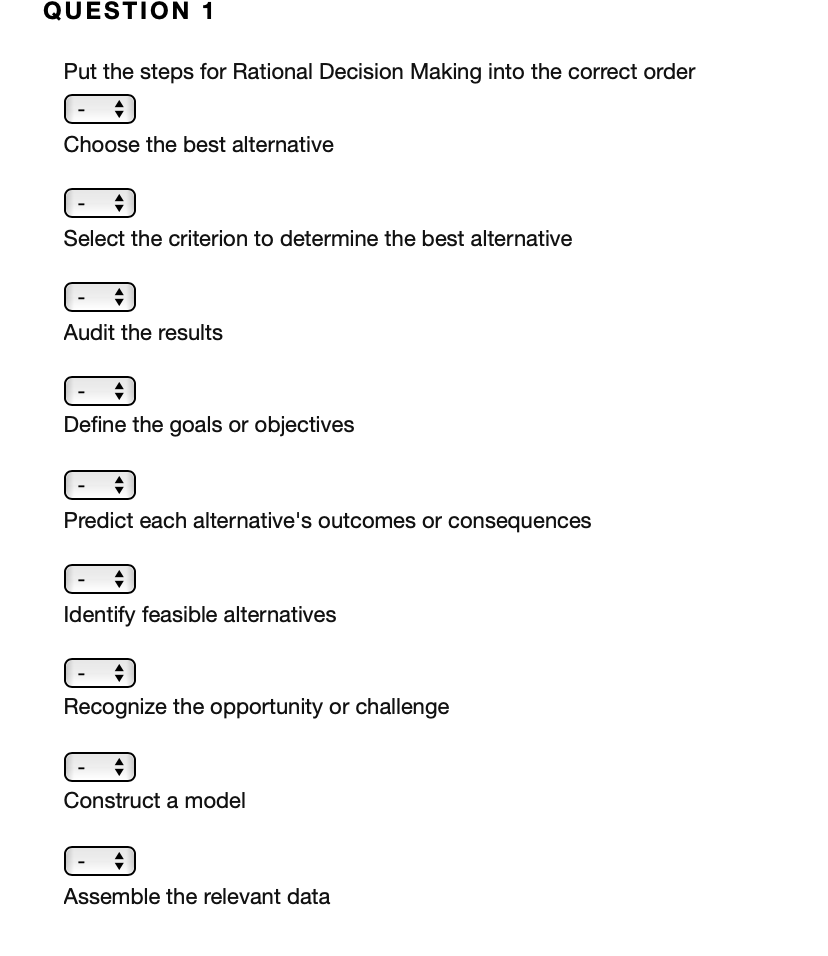 QUESTION 1 Put the steps for Rational Decision
