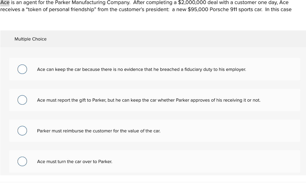 Ace is an agent for the Parker Manufacturing