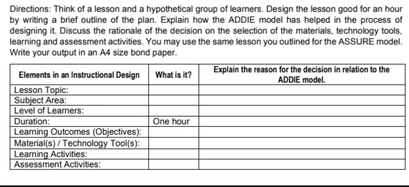 Directions: Think of a lesson and a hypothetical