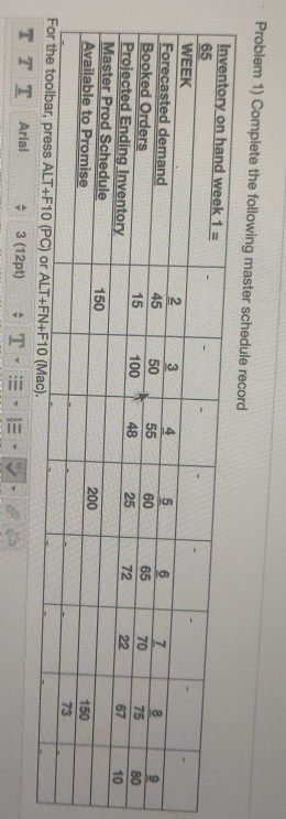 Problem 1) Complete the following master schedule