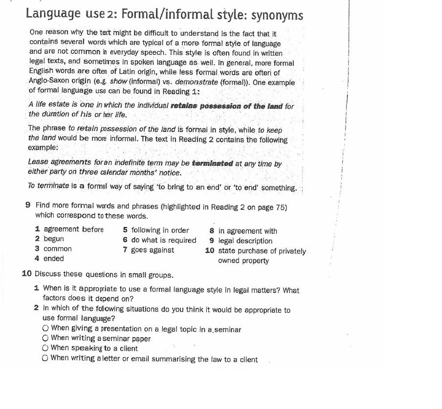 . Language use 2: Formal/informal style: synonyms