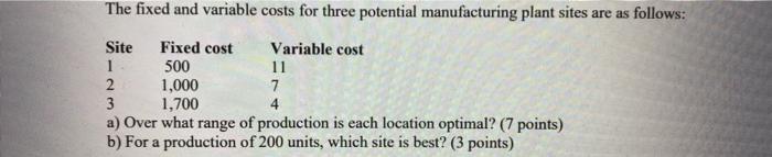 The fixed and variable costs for three potential