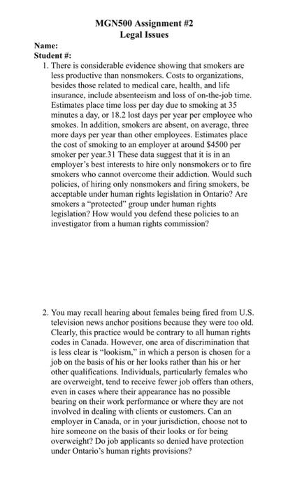 answer both MGN500 Assignment #2 Legal Issues