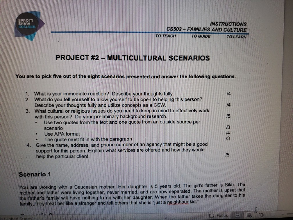 SPROTT SHAW COLLEGE INSTRUCTIONS CS502-FAMILIES