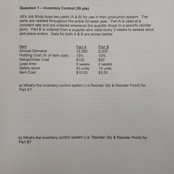 Question 1 - Inventory Control (30 pts): Jill's