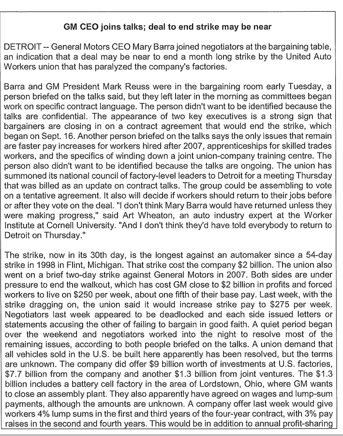 GM CEO joins talks; deal to end strike may be