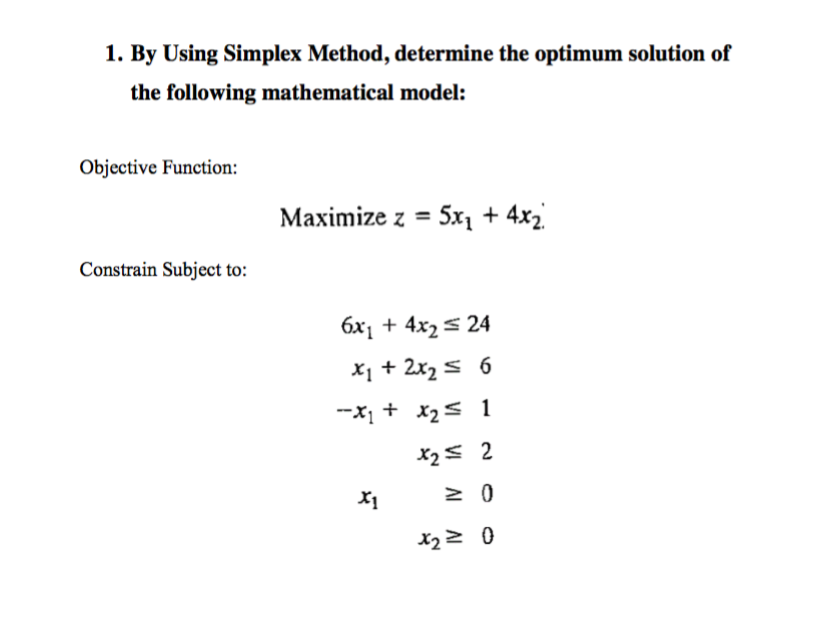 1. By Using Simplex Method, determine the optimum