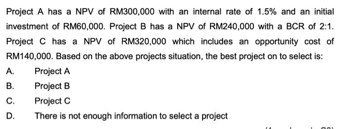 Project A has a NPV of RM300,000 with an internal