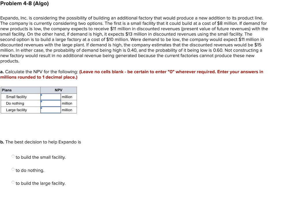 Problem 4-8 (Algo) Expando, Inc. is considering