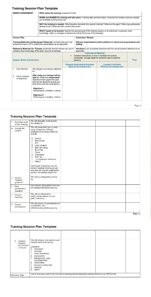 Training Session Plan Template NEEDS ASSESSMENT