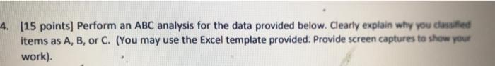 4. [15 points) Perform an ABC analysis for the