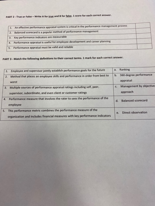 PART 2 - True or False-Write A for true and for