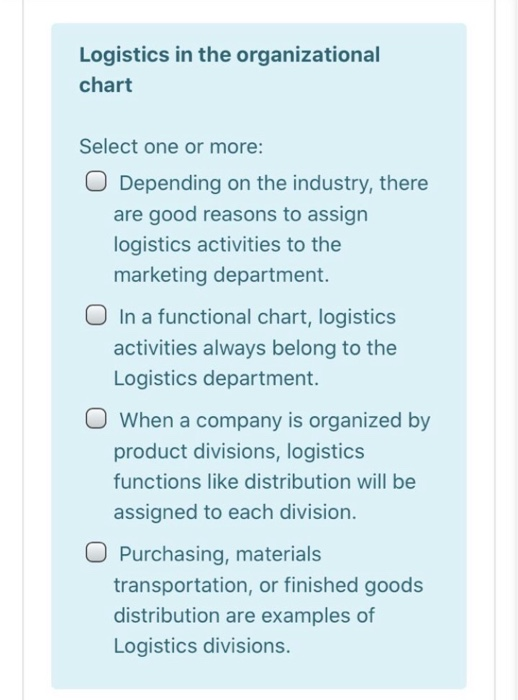 Logistics in the organizational chart Select one