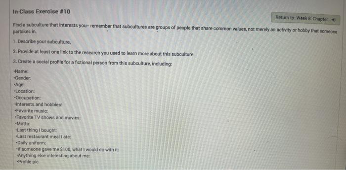 any help? In-Class Exercise #10 Return to: Week