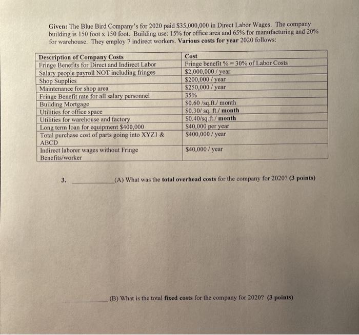 Given: The Blue Bird Company's for 2020 paid