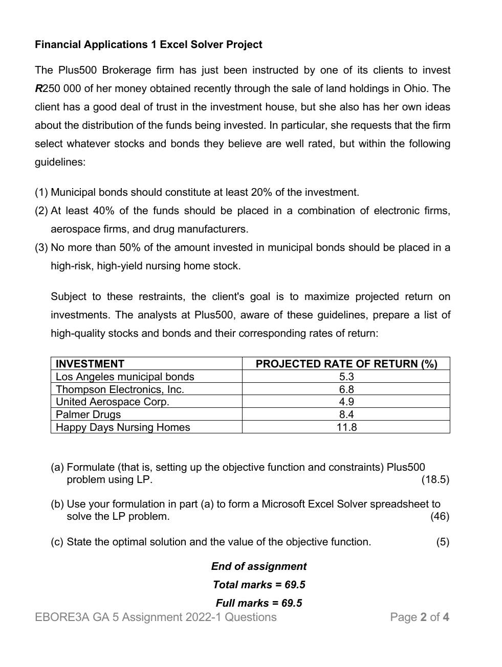 Financial Applications 1 Excel Solver Project The