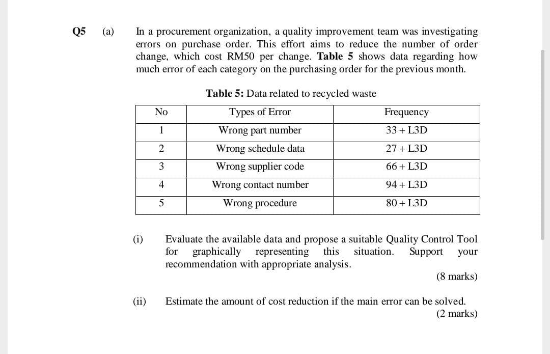 L3D=9 Q5 (a) In a procurement organization, a