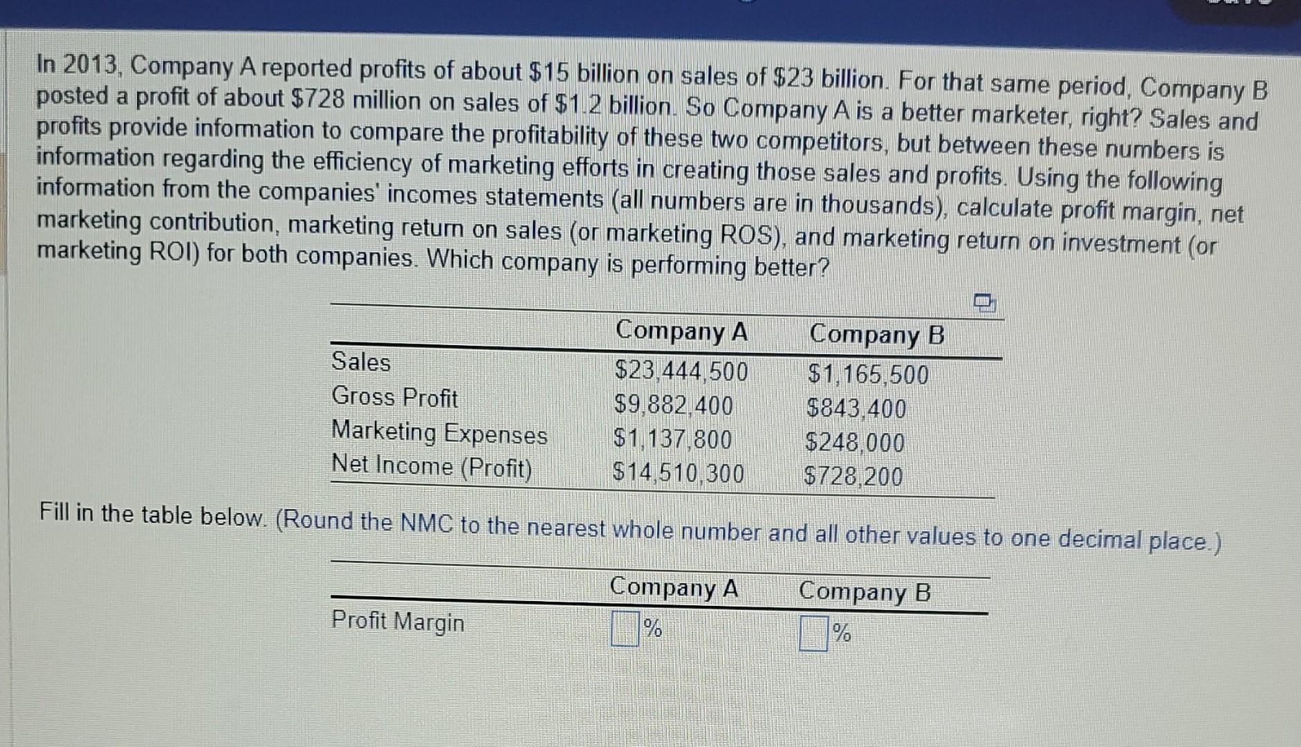 I need: profit margin NMC Marketing ROS Marketing