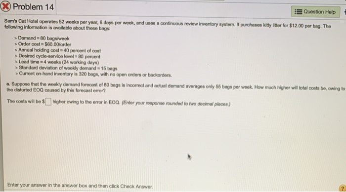 X Problem 14 Question Help Sam's Cat Hotel