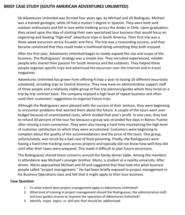 BRIEF CASE STUDY (SOUTH AMERICAN ADVENTURES