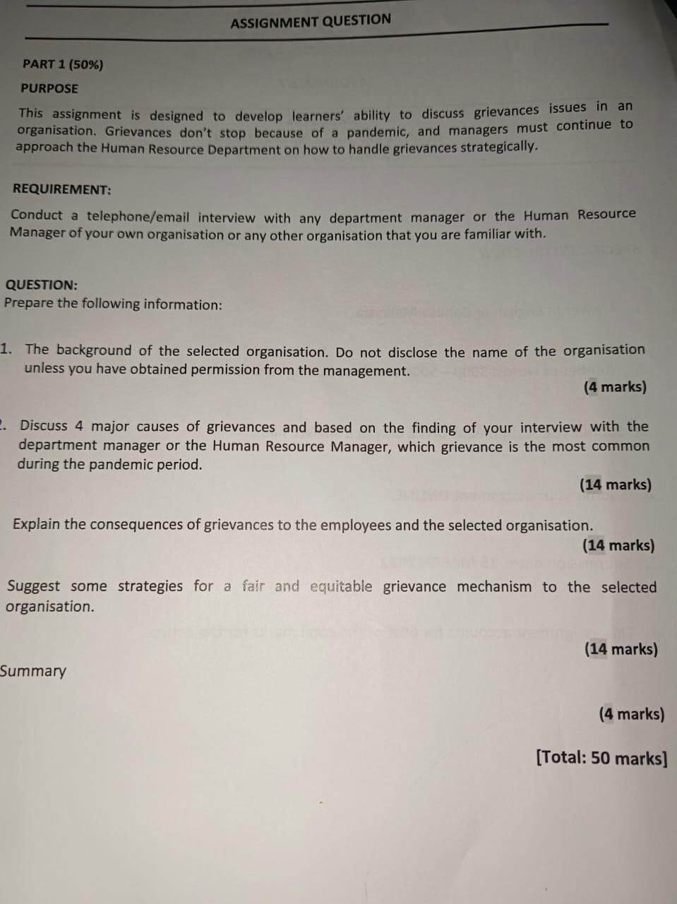 ASSIGNMENT QUESTION PART 1 (50%) PURPOSE This