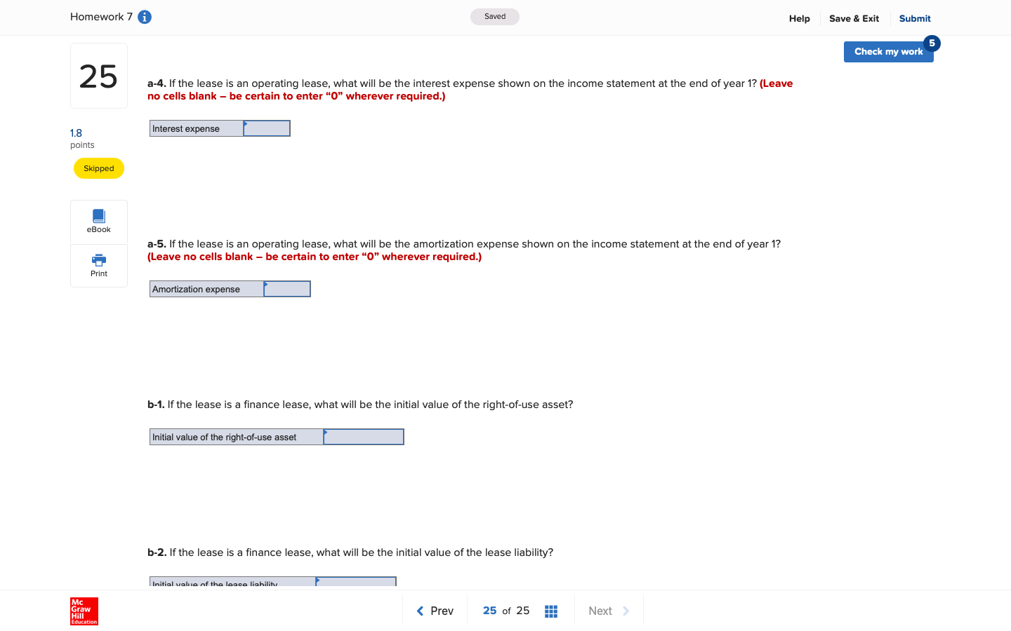 Homework 7 A Saved Help Save & Exit Submit Check