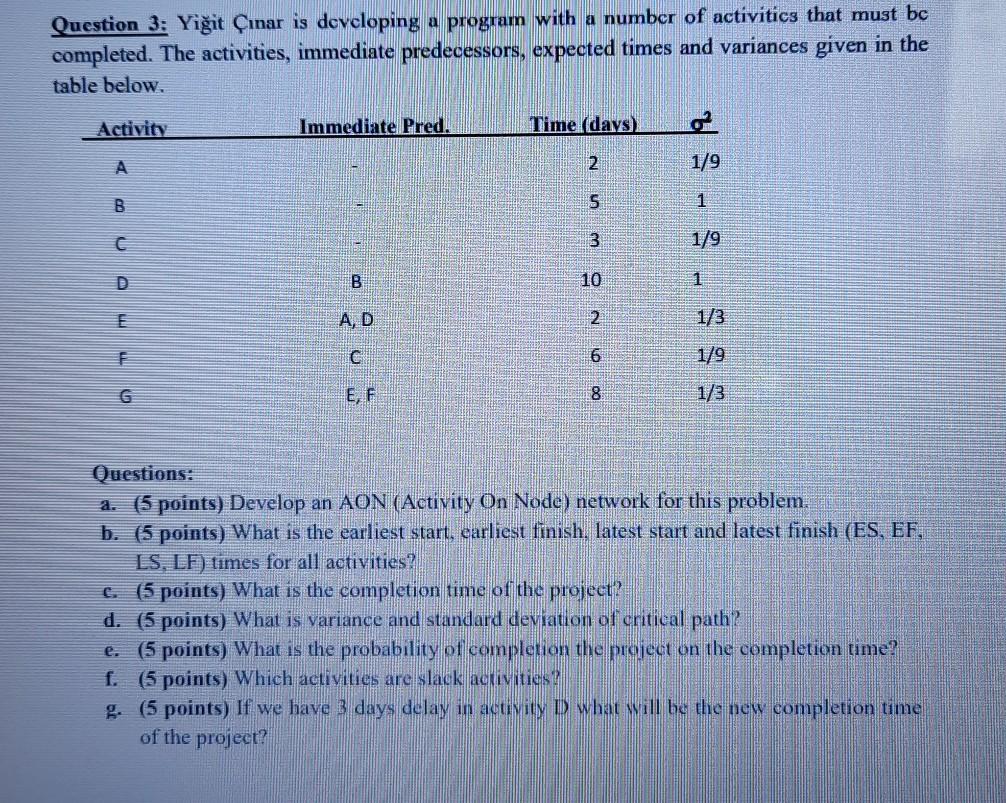 Question 3: Yiit nar is developing a program with
