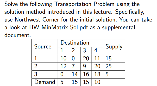 Solve using Northwest corner for the initial