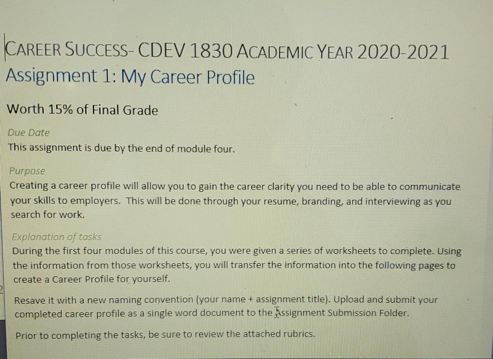 CAREER SUCCESS- CDEV 1830 ACADEMIC YEAR 2020-2021