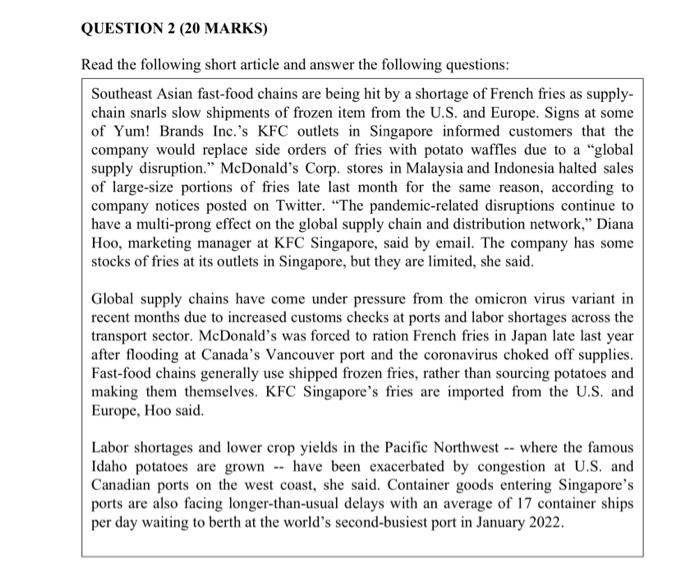 Question 2 QUESTION 2 (20 MARKS) Read the