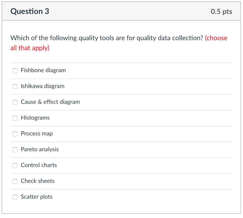 Question 3 0.5 pts Which of the following quality