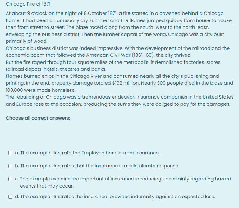 please explain your answer Chicago Fire of 1871