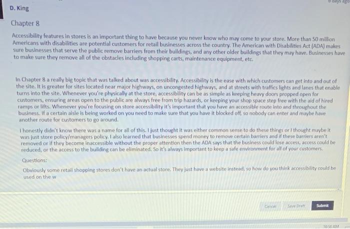 read and answer to the question D. King Chapter 8