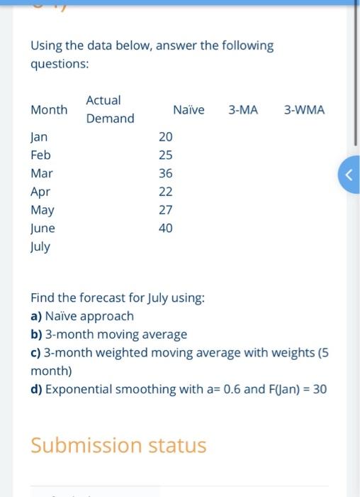 Using the data below, answer the following