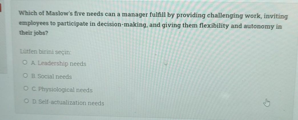 Which of Maslow's five needs can a manager