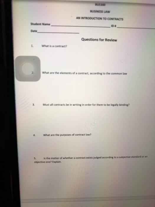 US300 BUSINESS LAW AN INTRODUCTION TO CONTRACTS